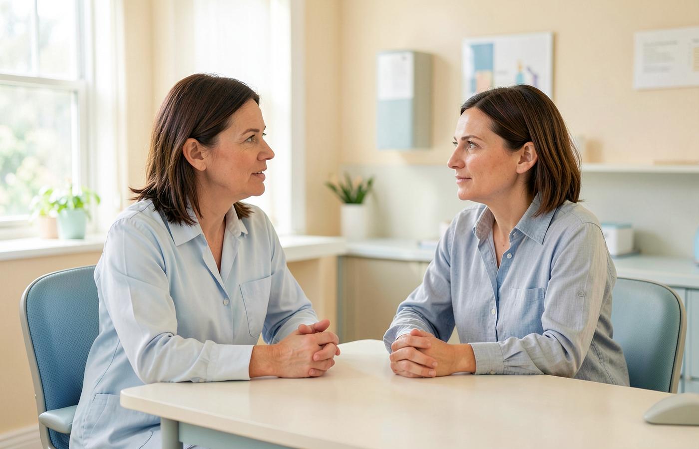 A healthcare professional listening during a calm mental health conversation.