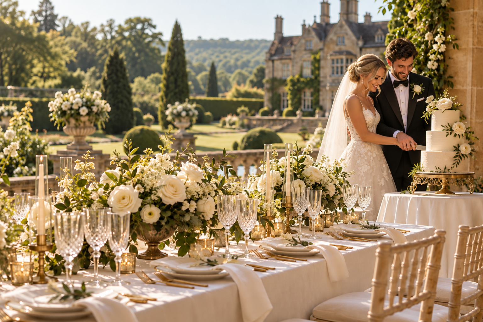 AI-generated illustrative scene of a bride and groom cutting a three-tiered wedding cake at an outdoor manor-house reception with a laid banquet table; not a named venue or supplier.