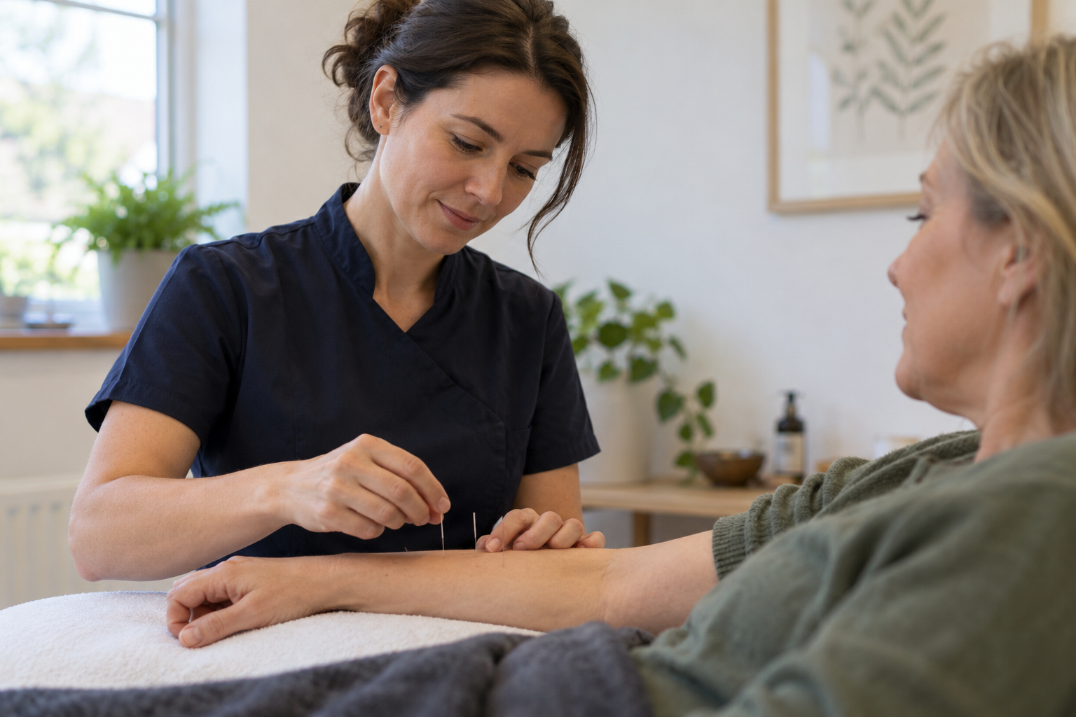 Illustrative scene of an acupuncture session: a practitioner placing fine needles while a client rests on a treatment table. Illustration only, not a photograph of an actual clinician.