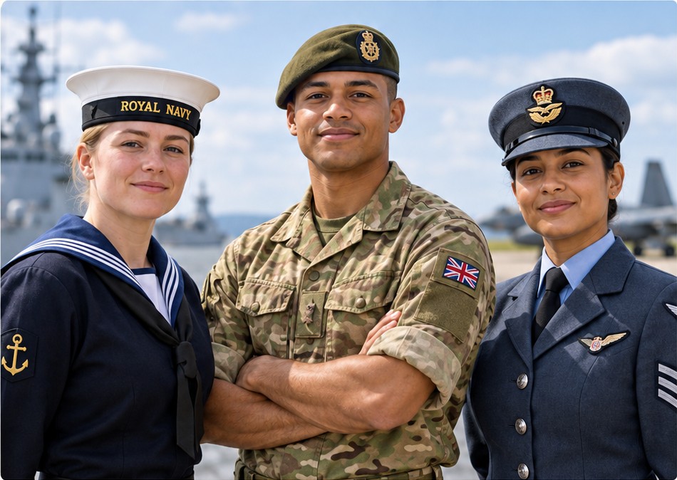 A Royal Navy sailor, British Army soldier and Royal Air Force airperson standing together outdoors.