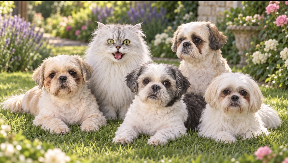 Four small dogs and a fluffy grey-and-white cat sitting together on a sunny lawn in an English garden, with lavender and roses in the background.