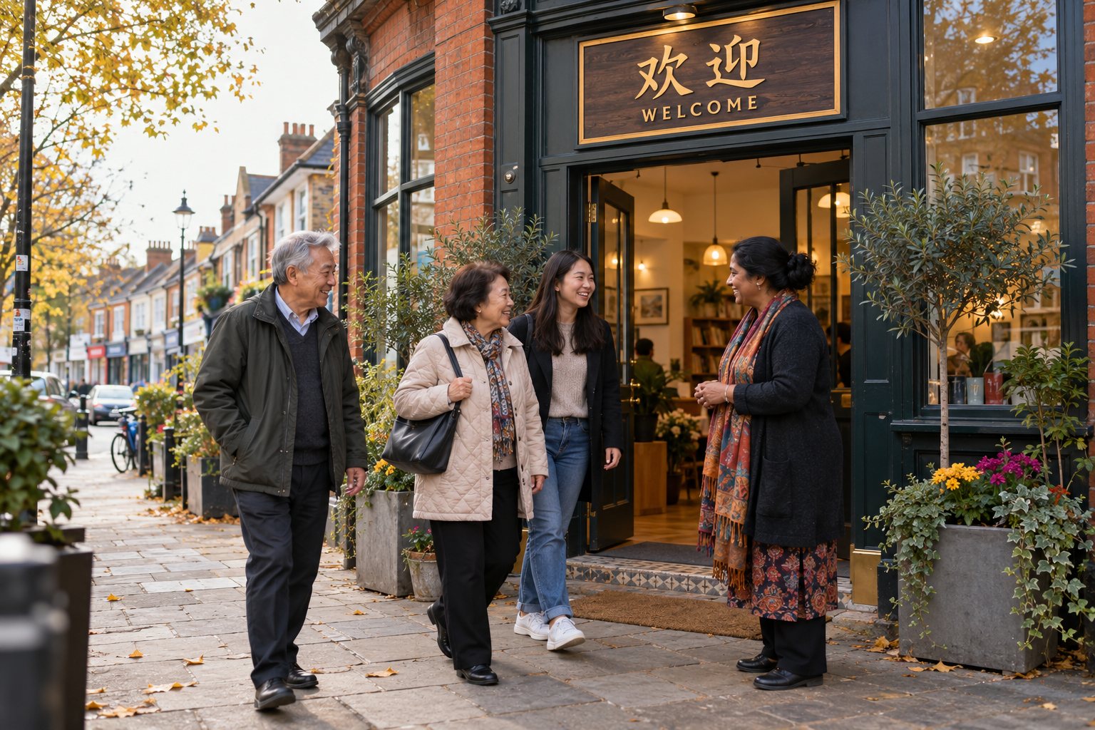 People of different ages chatting outside a brick-fronted community building on a British high street in autumn, beneath a sign reading 欢迎 Welcome. Illustrative scene, not a real organisation or premises.