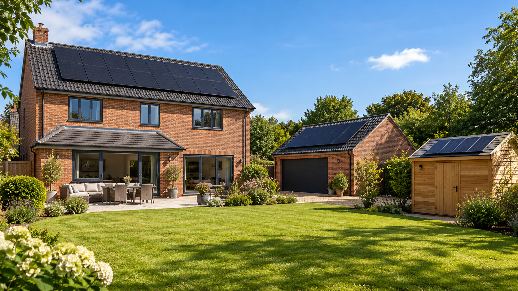 Solar panels on a British home, detached garage and timber garden shed