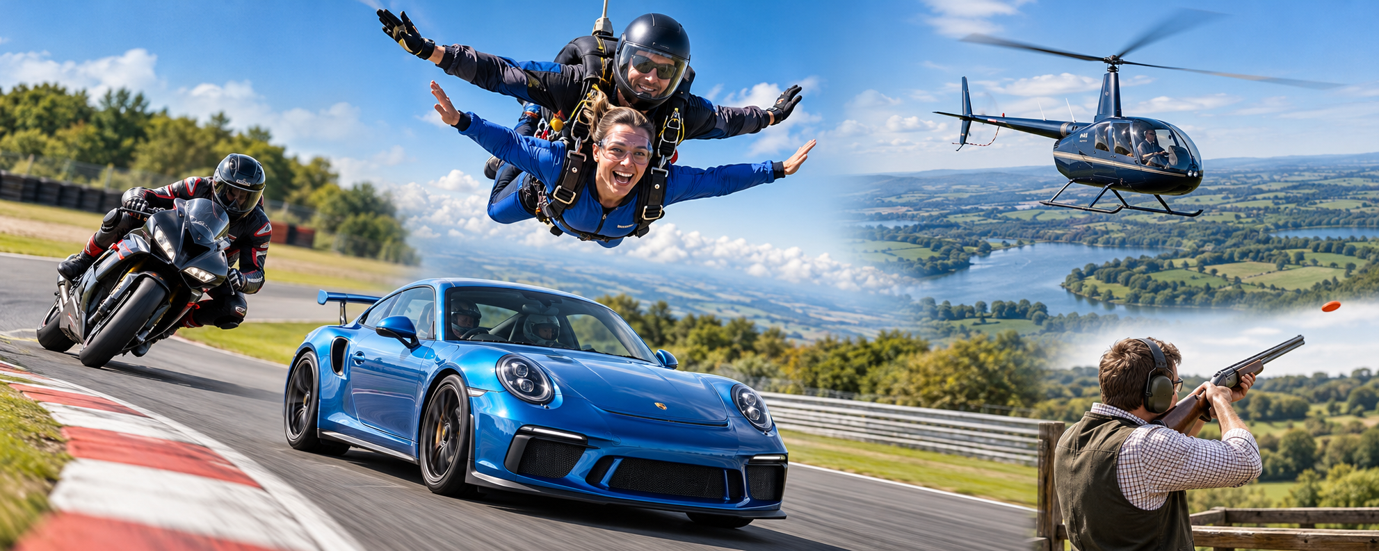 Generated illustrative montage of a blue sports car and motorcycle on a circuit, tandem skydivers, a sightseeing helicopter and a clay shooter; not a photograph of one venue or named provider.