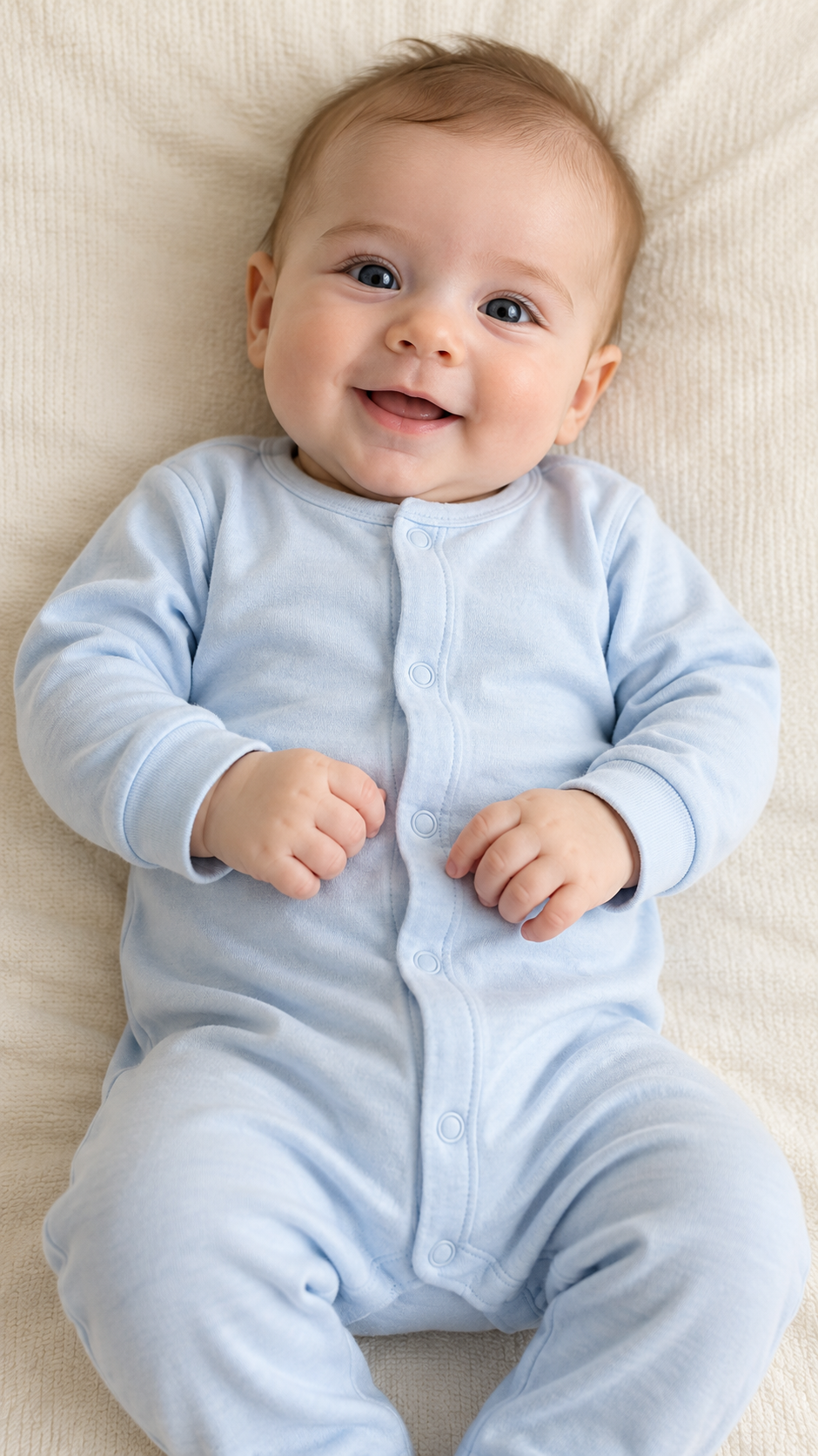 A smiling baby boy in a light blue sleepsuit lying on a cream blanket.