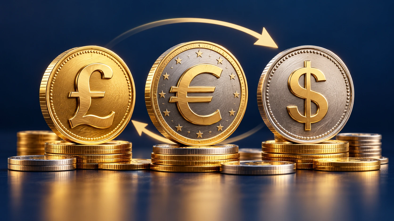 Gold and silver coins displaying pound, euro and dollar symbols.