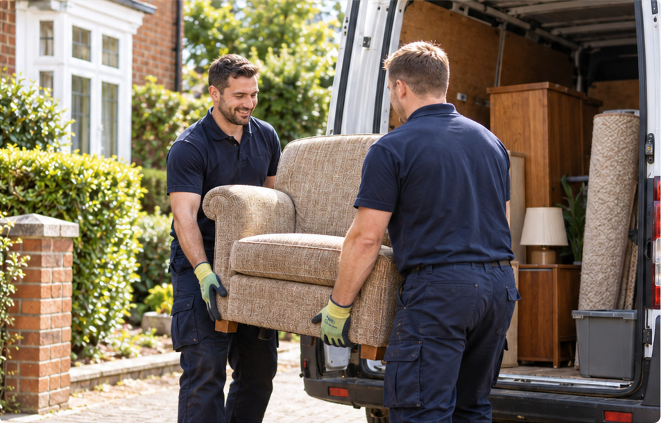 Two navy-clad removal workers carrying an armchair beside a furniture van outside a home.
