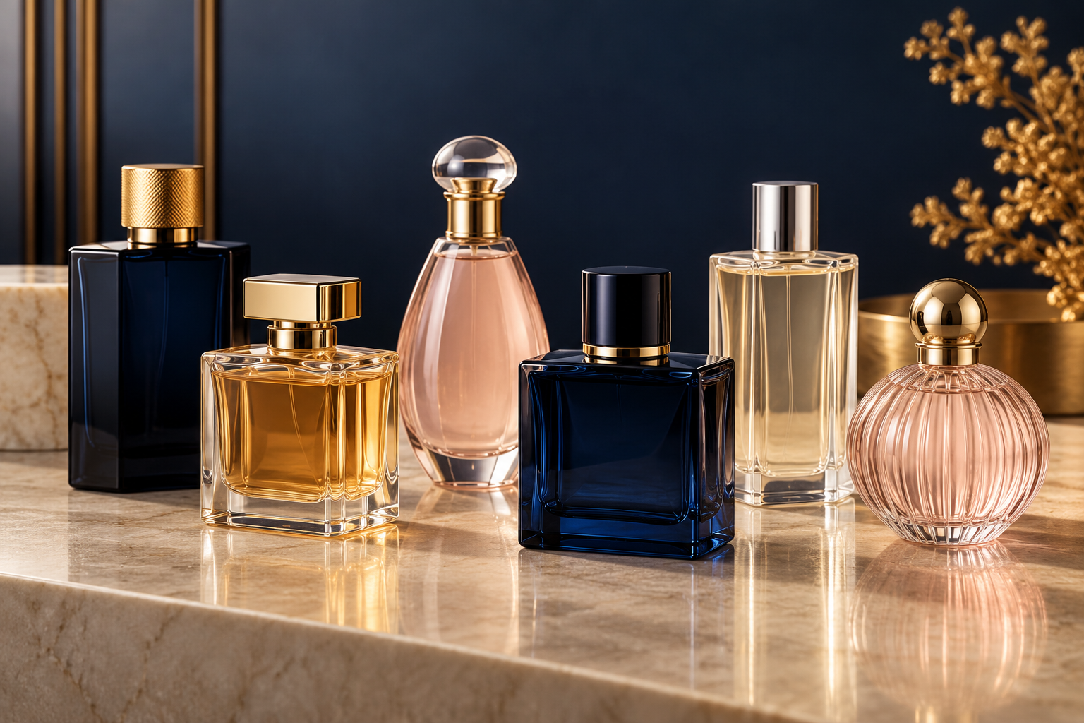 Illustrative arrangement of six unbranded perfume bottles in navy, amber, clear and blush glass with gold caps on a cream marble counter.