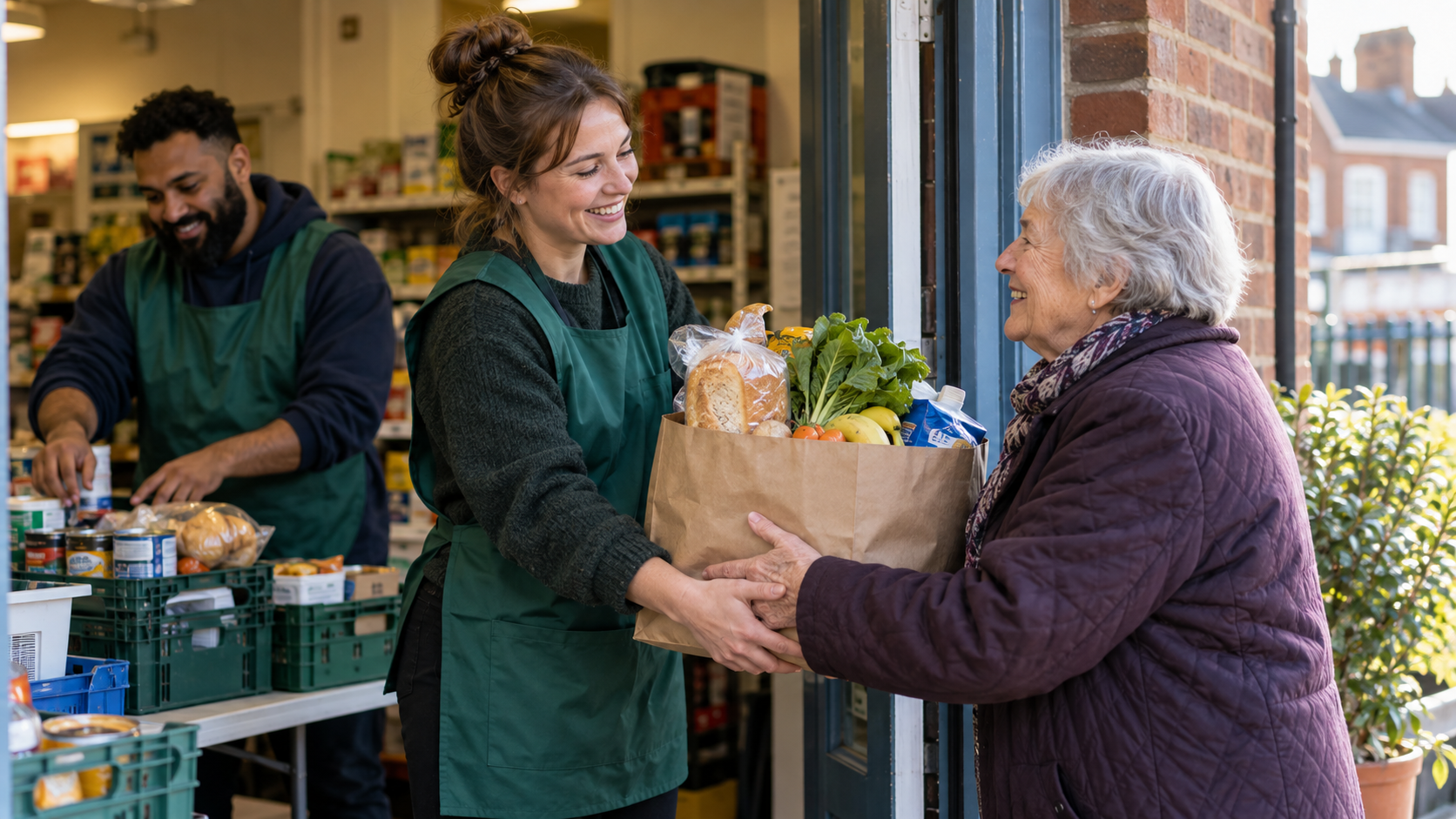Charity volunteers giving a bag of groceries to an older woman at a community food centre