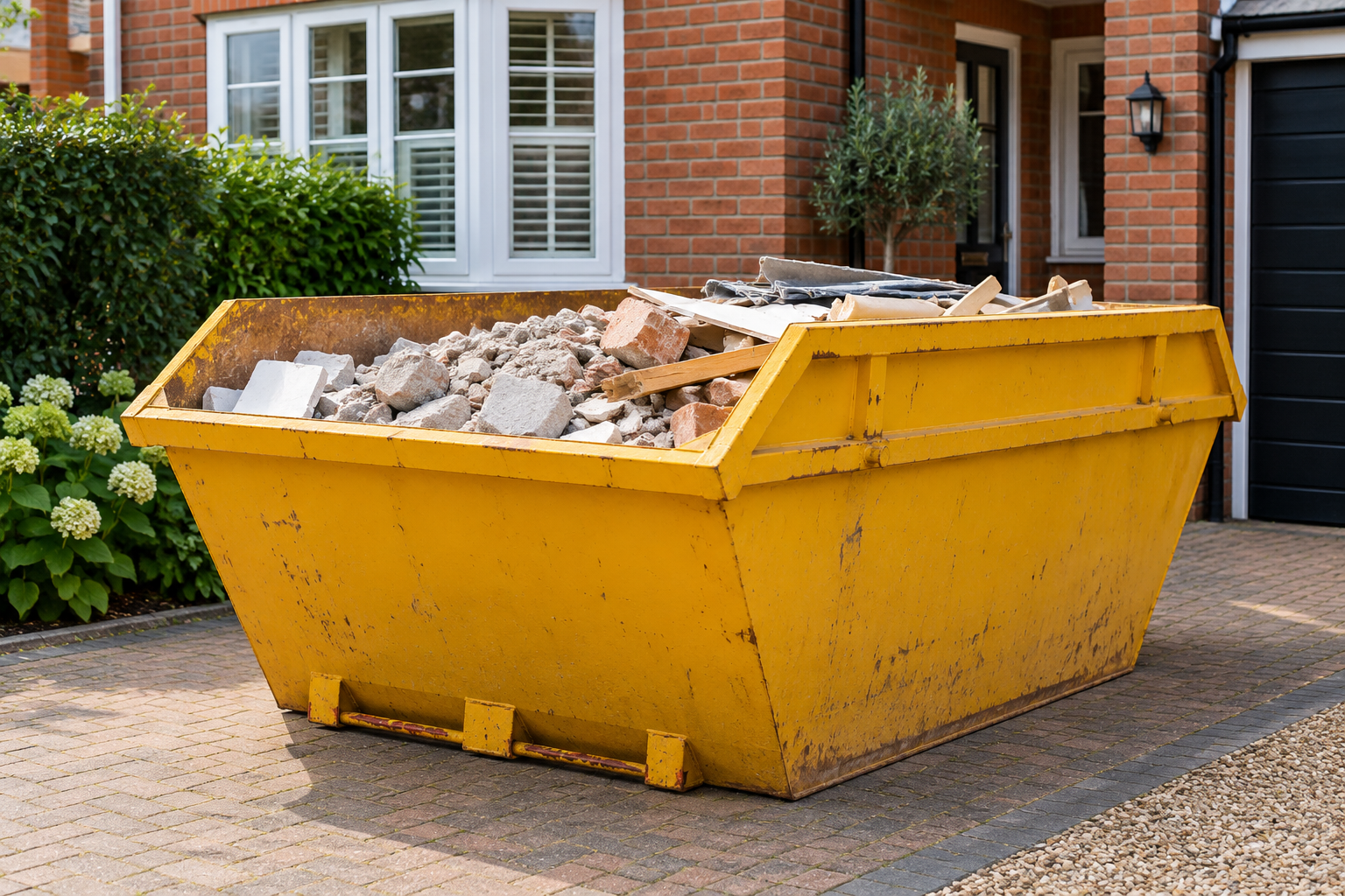Large yellow builders’ skip filled with rubble on a paved driveway outside a brick house