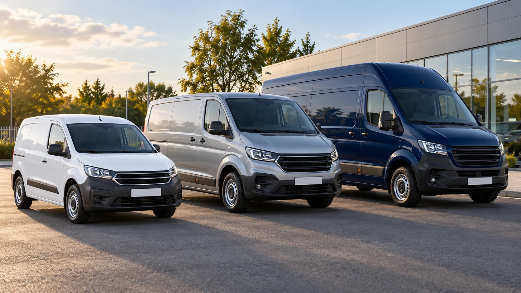 Small white, medium silver and large navy commercial panel vans on a forecourt.