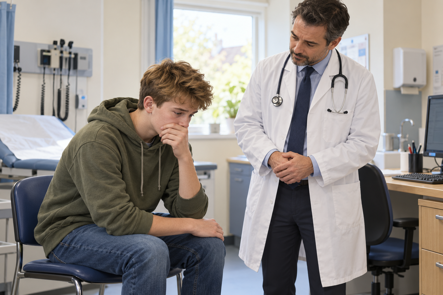 Illustration of a teenage boy sitting with his hand over his mouth during a consultation with a doctor.