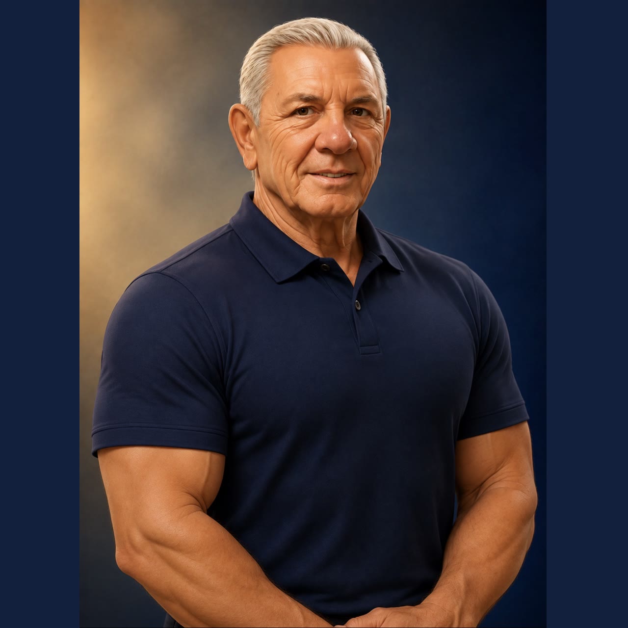 The Major, an AI presenter, an older man with short white hair wearing a navy polo shirt