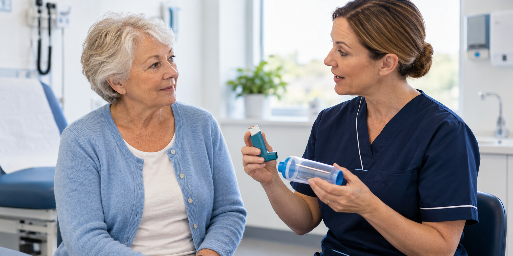 Illustrative image of a respiratory nurse explaining an inhaler and spacer to an older woman