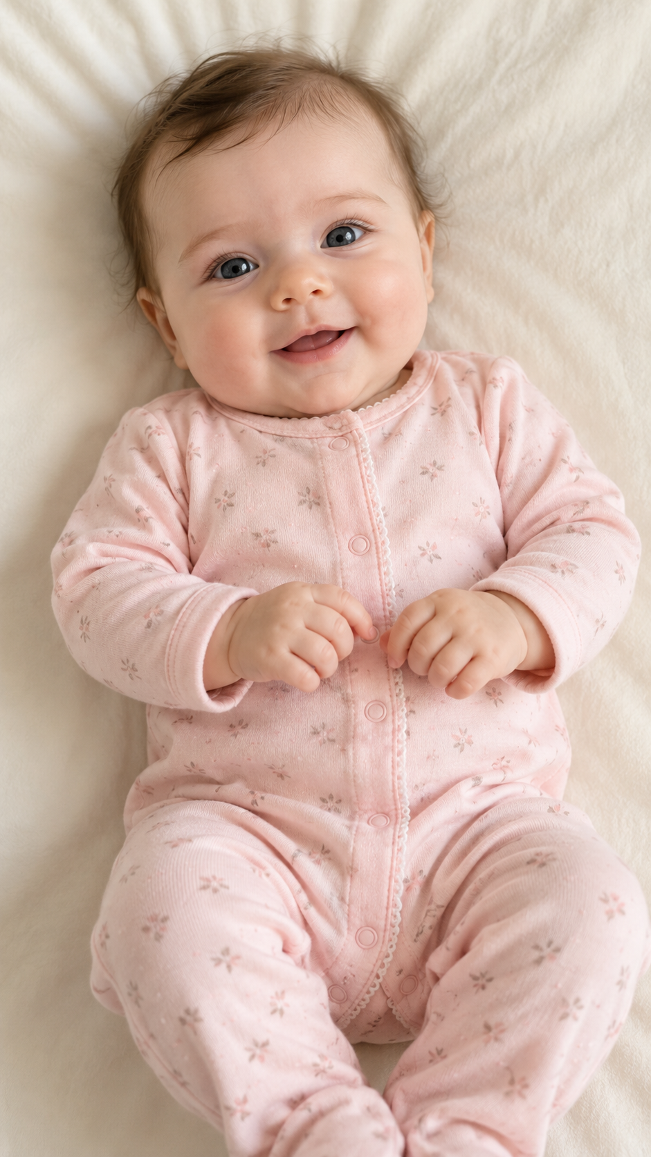A smiling baby girl in a pink sleepsuit with a floral pattern, lying on a cream blanket.