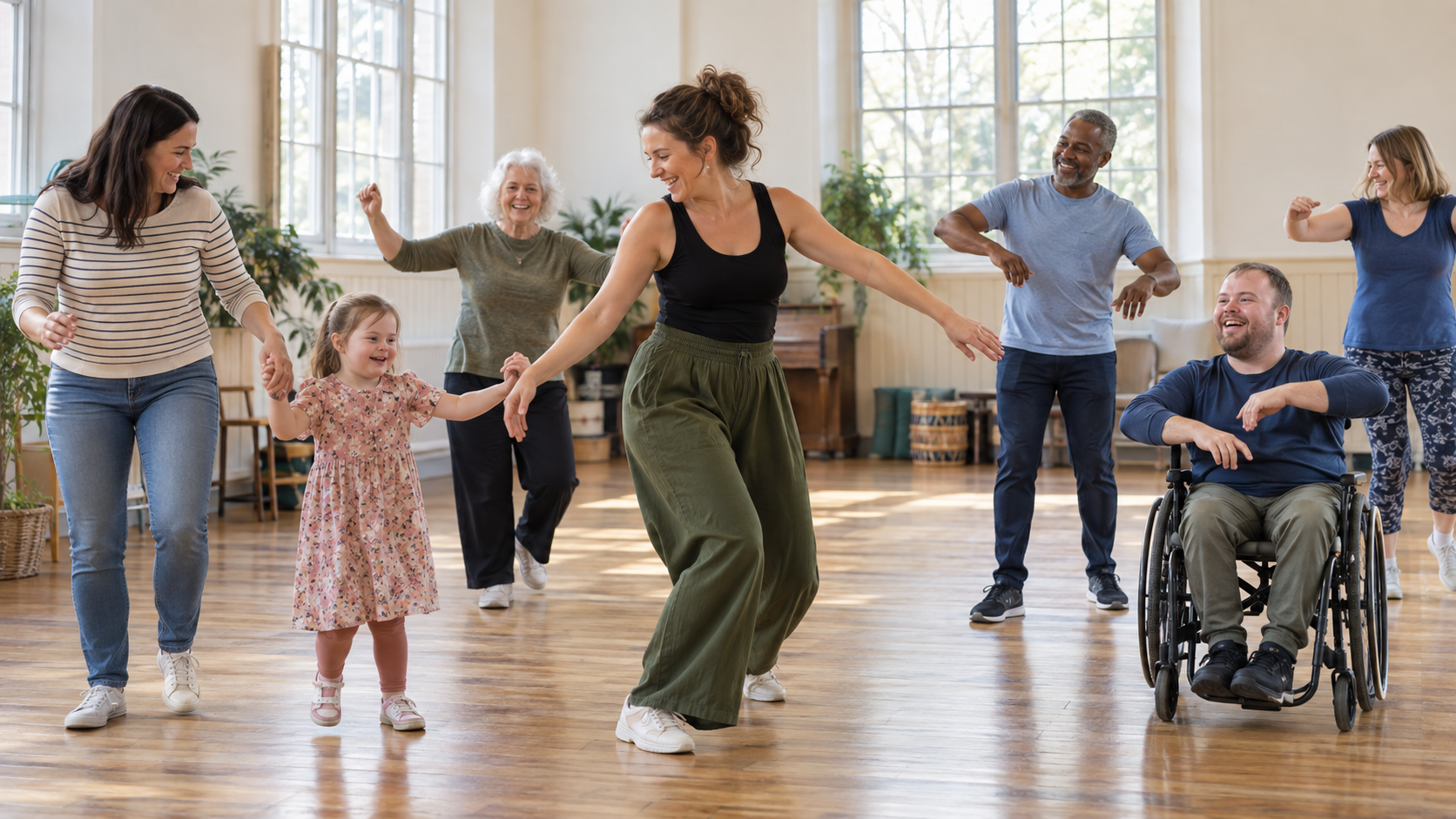 An inclusive community dance class for different ages and abilities.