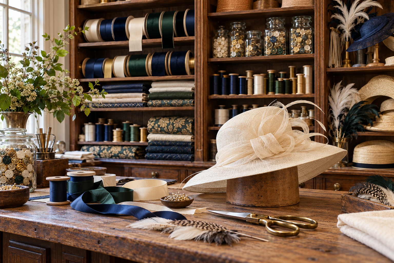 Illustrative haberdashery and millinery display with ribbons, thread, buttons, fabric, scissors and a decorative cream hat on a workbench.