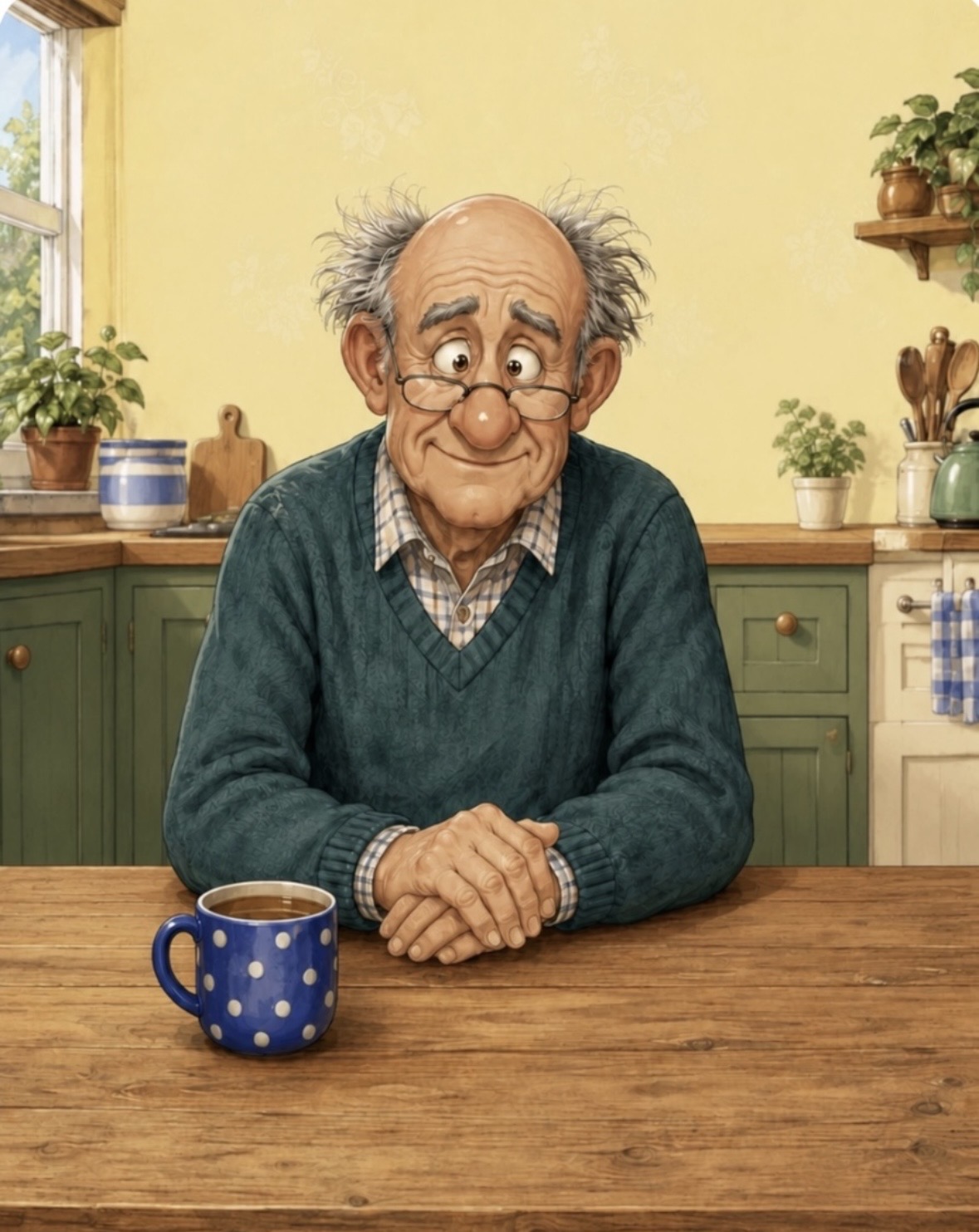 Stanley, an older man with glasses and a green cardigan, sitting at a kitchen table with a blue polka-dot mug of tea