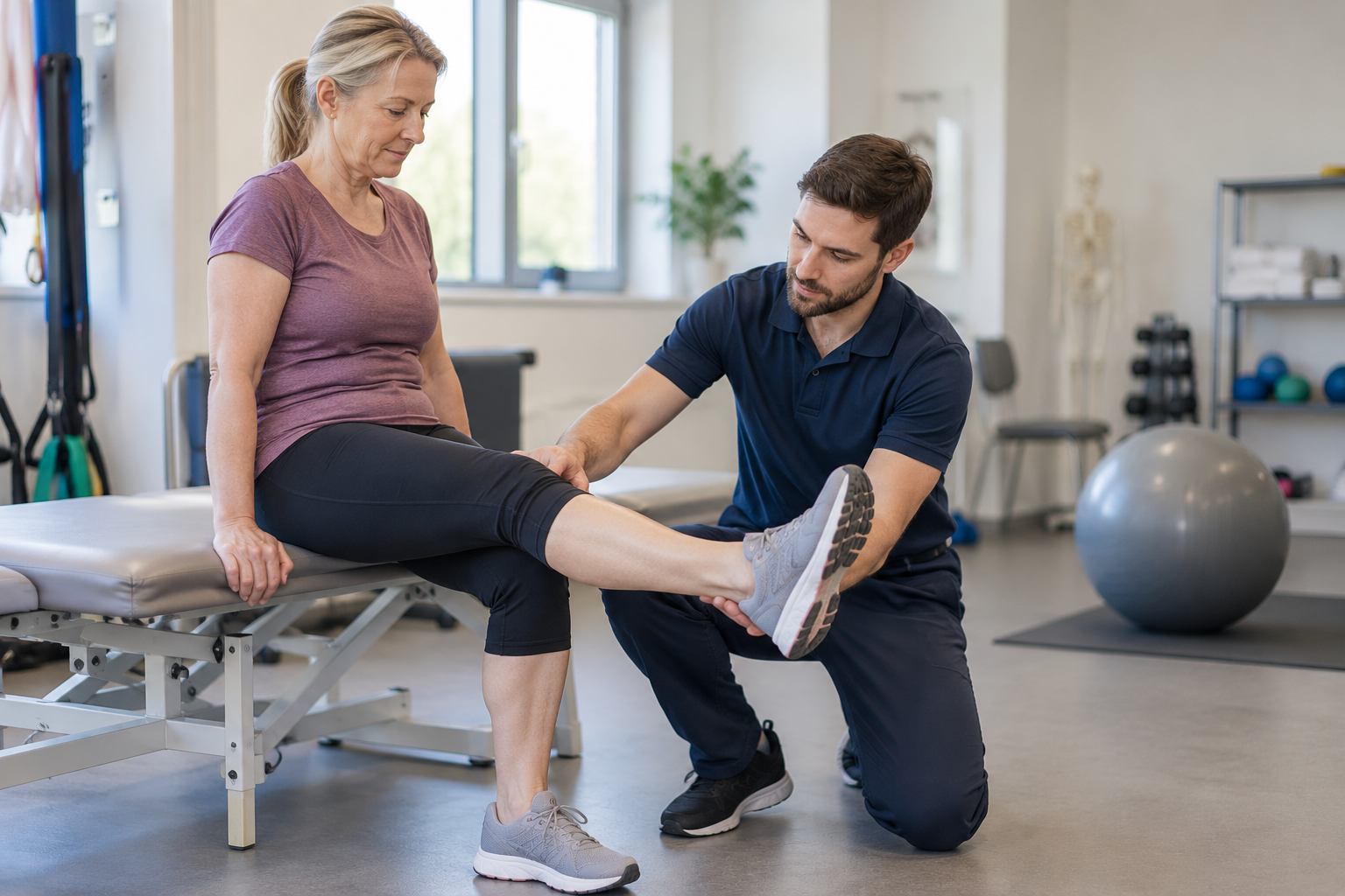 Illustrative scene of a physiotherapist guiding a client through a gentle leg exercise in a bright clinic room. Illustration only, not a photograph of an actual clinician.