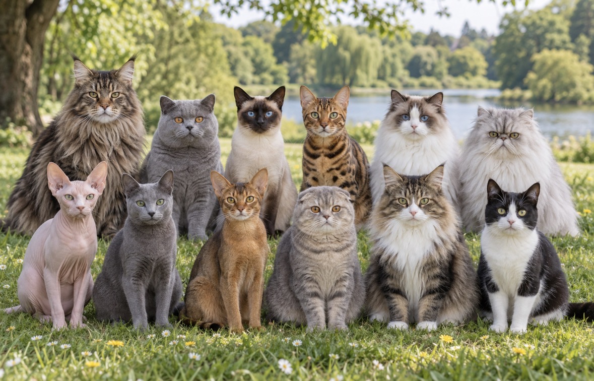 A group of different cat breeds sitting together in a park.