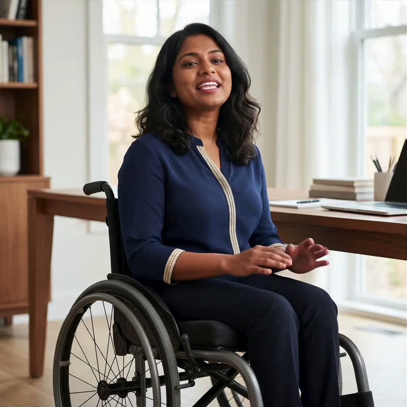 Anita, an AI presenter who uses a wheelchair, sitting at a desk and smiling