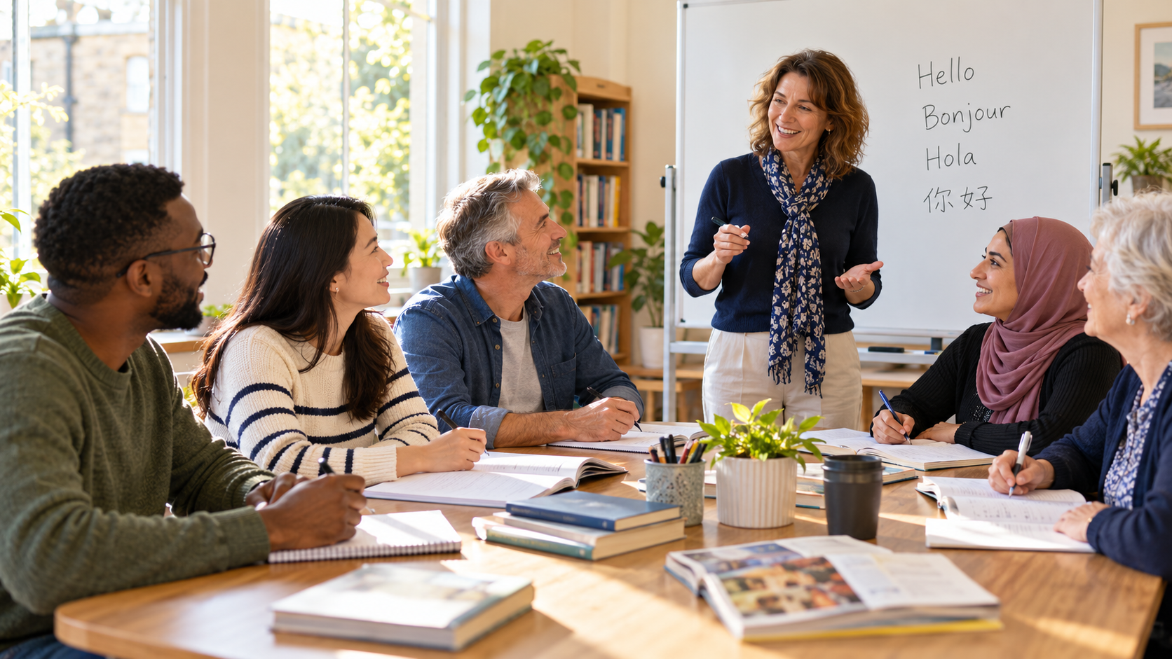 An adult language teacher leading a small group of learners around a table in a bright classroom.