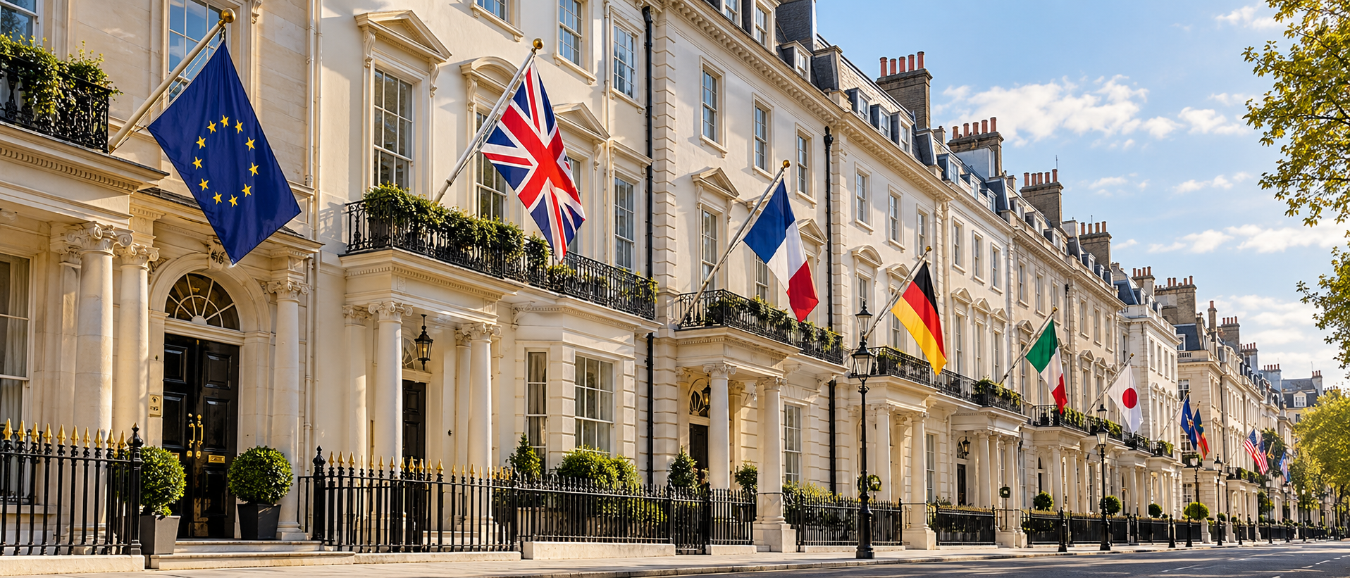 Illustration of a row of Georgian embassy buildings with international flags flying.