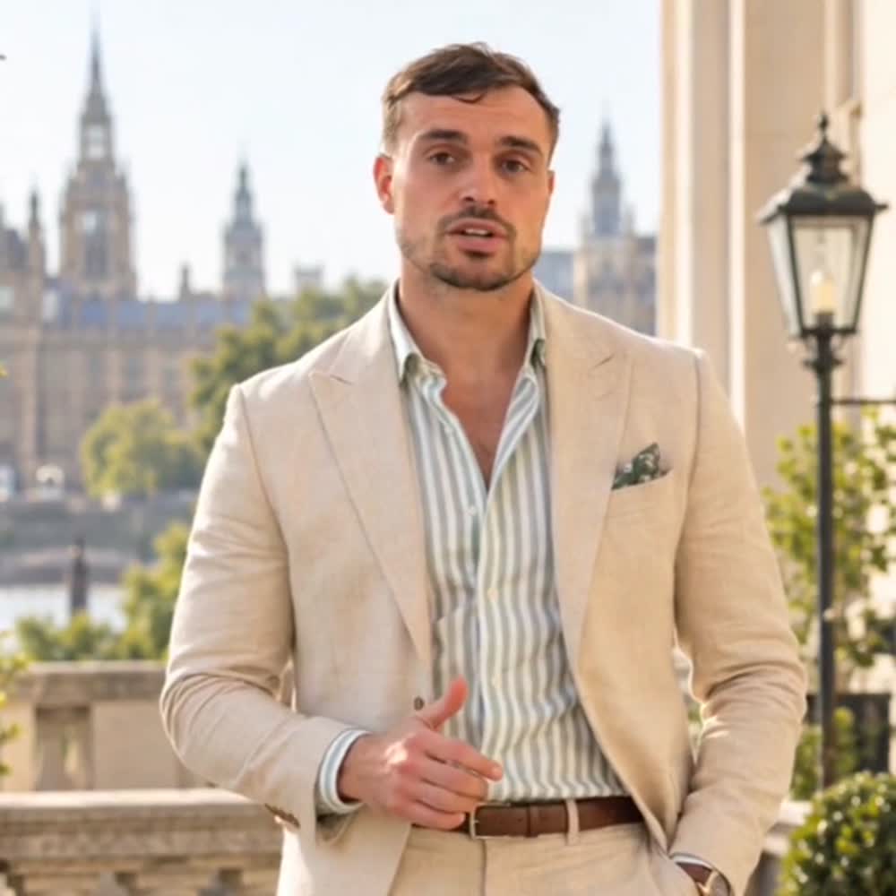 Thomas, an AI presenter in a smart beige suit, presenting the Sixpence Support UK shopping page