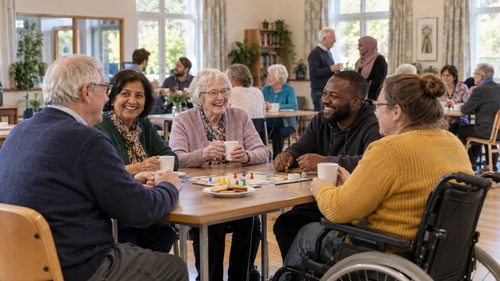 People chatting at a community social club, including a wheelchair user