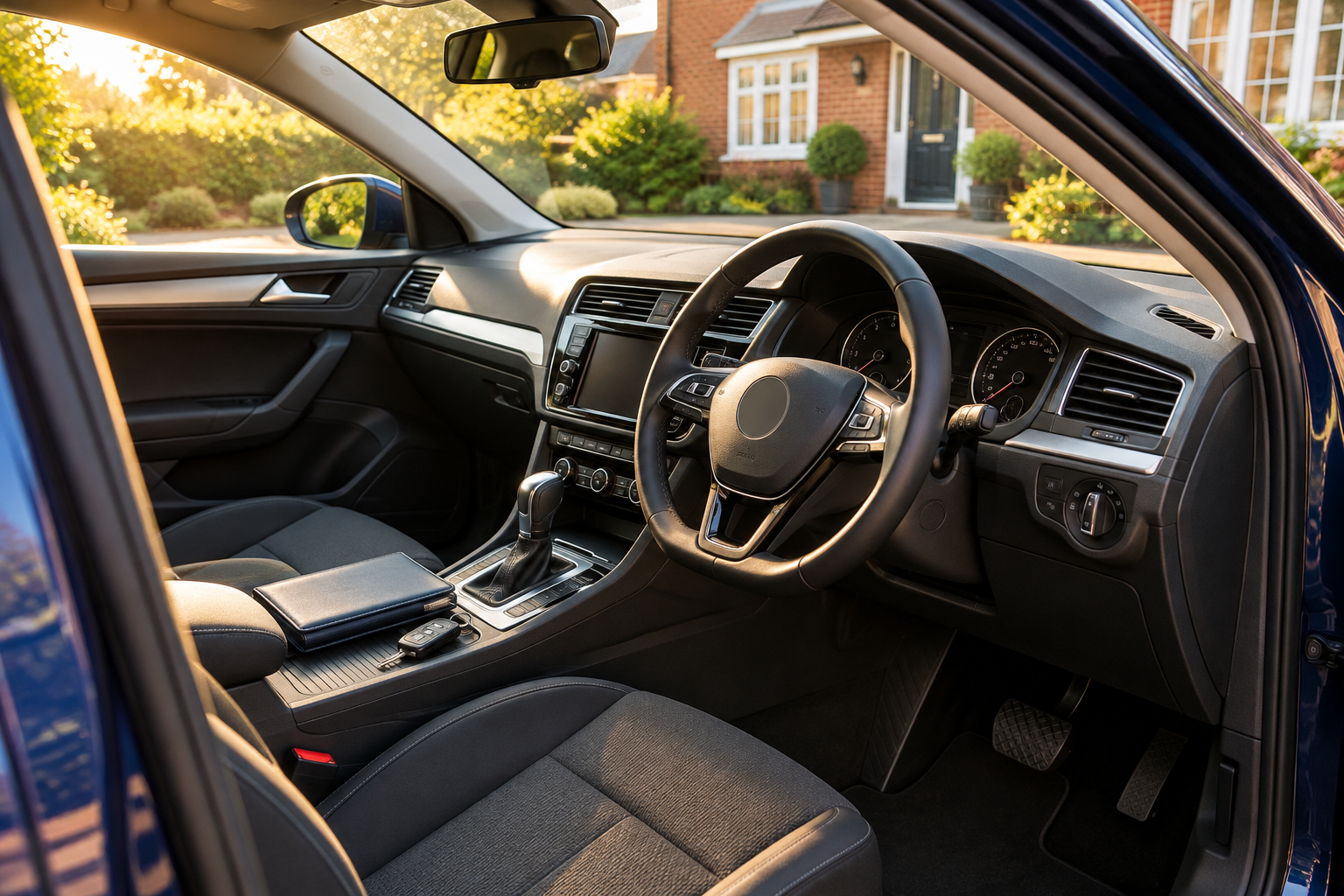 View through the open driver's door of a blue right-hand-drive car, showing the steering wheel, dashboard, front seats, gear selector and car keys, with a brick house outside.