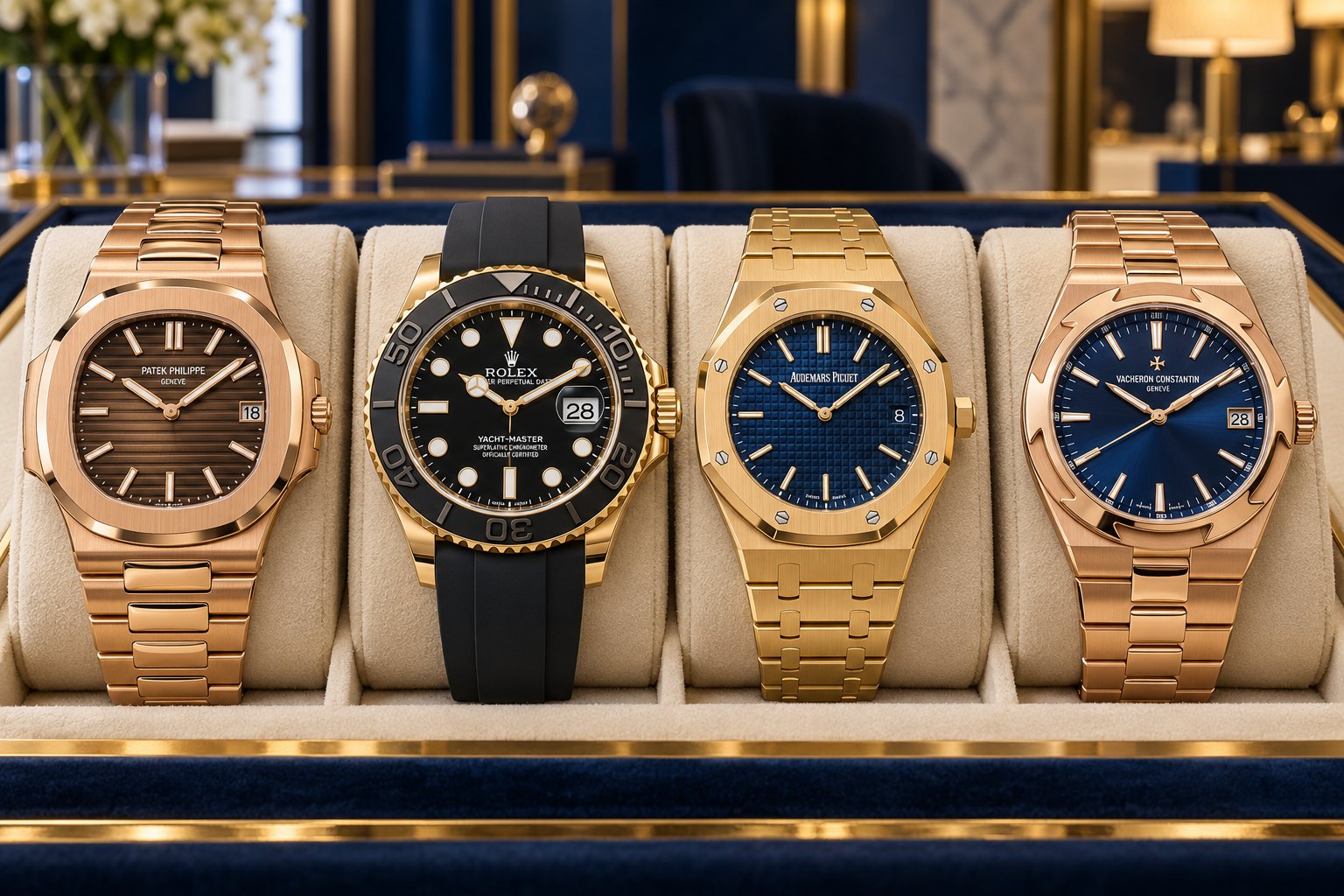 AI-generated illustration of four luxury wristwatches in a velvet-lined presentation case: a rose-gold Patek Philippe, a gold Rolex Yacht-Master on a black strap, a gold Audemars Piguet with a blue dial, and a rose-gold Vacheron Constantin with a blue dial.