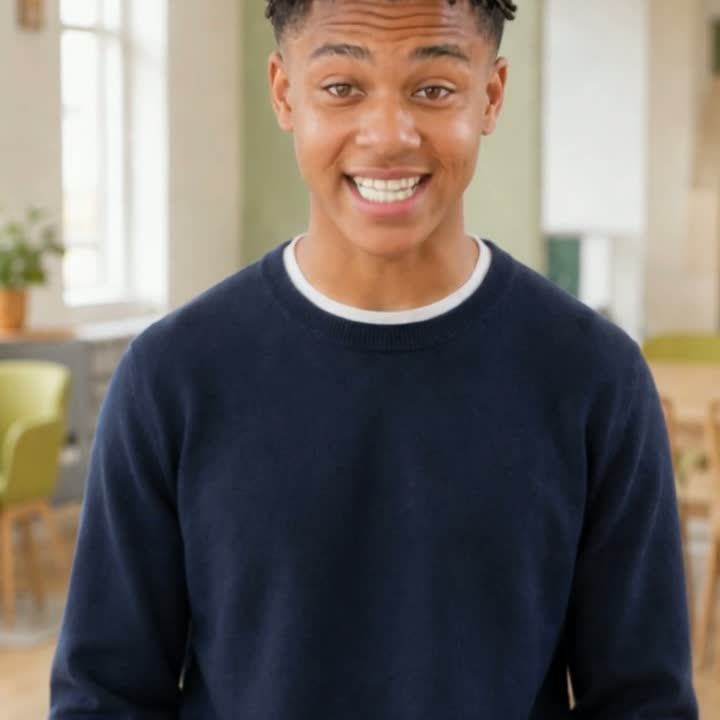 John Shaw, an AI presenter, a young man in a navy jumper, smiling