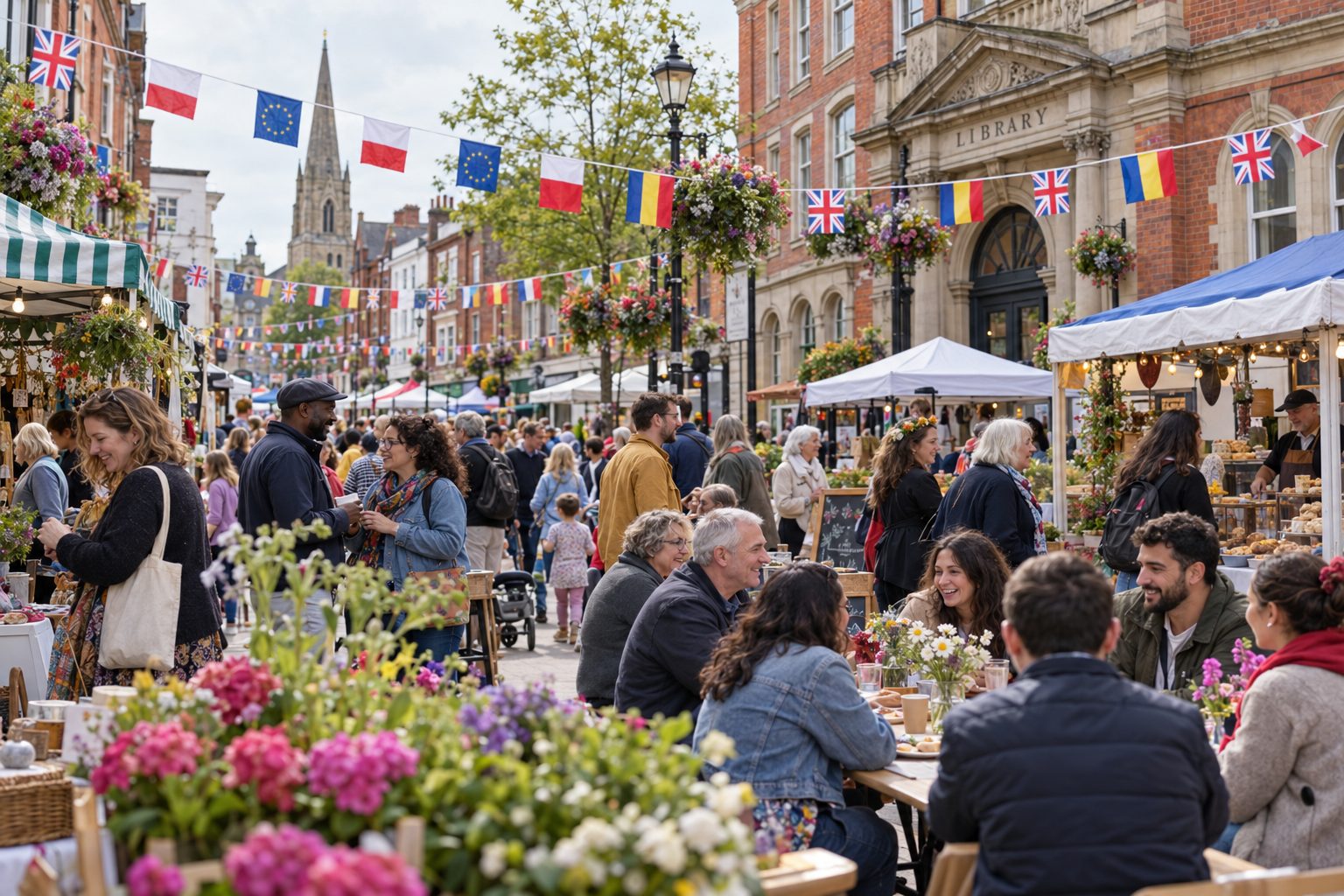 A busy British community street festival with market stalls, flowers and people of different ages chatting at outdoor tables; flags of the UK, EU, Poland and Romania hang above. Illustrative scene, not a real event or organisation.