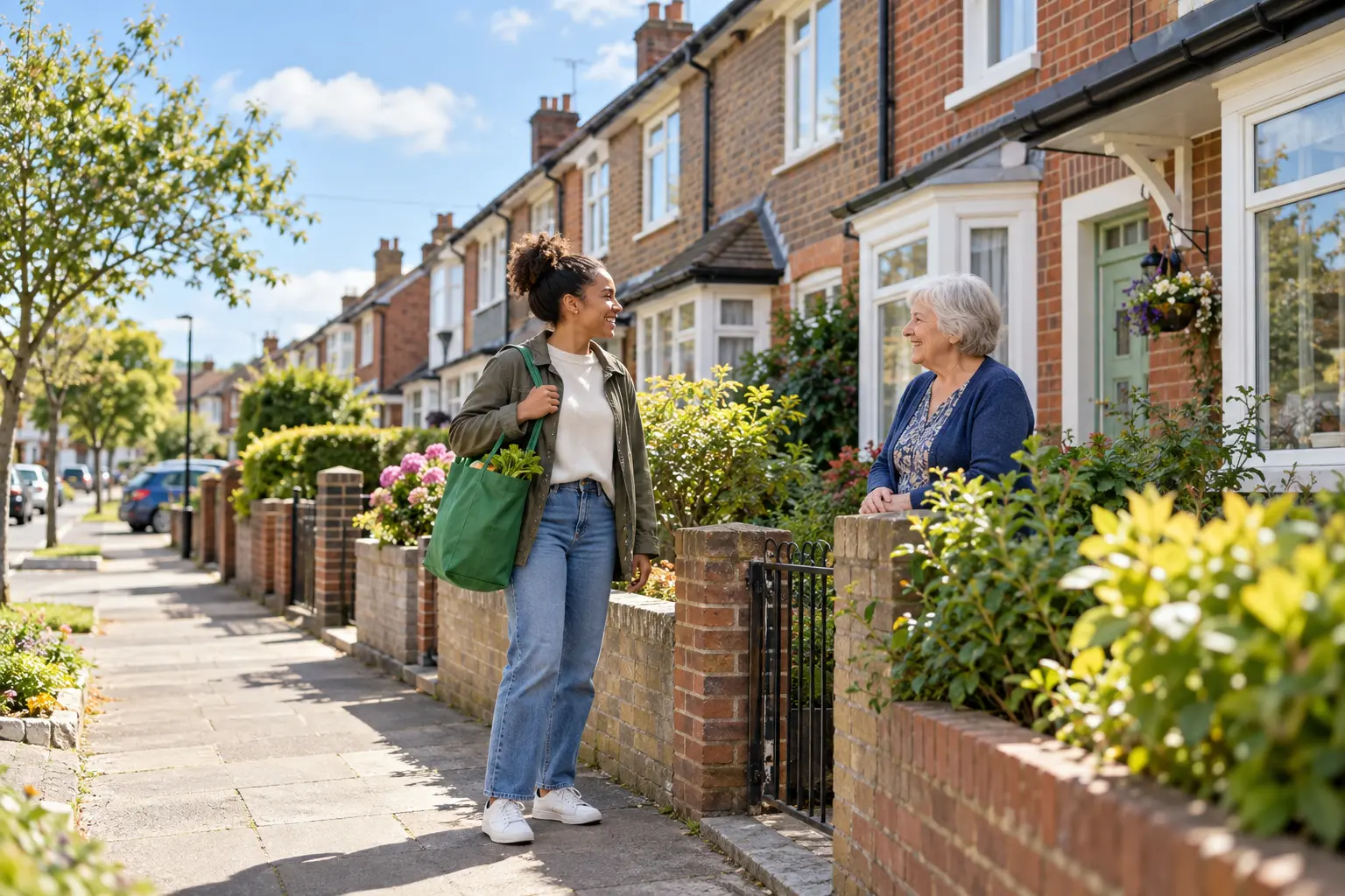 Two neighbours talk outside brick homes on a sunny residential street in the UK.