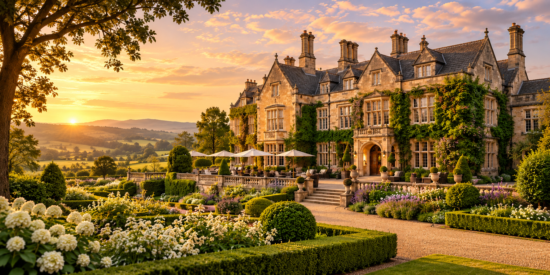 Illustrative manor-house hotel and landscaped gardens at sunset.