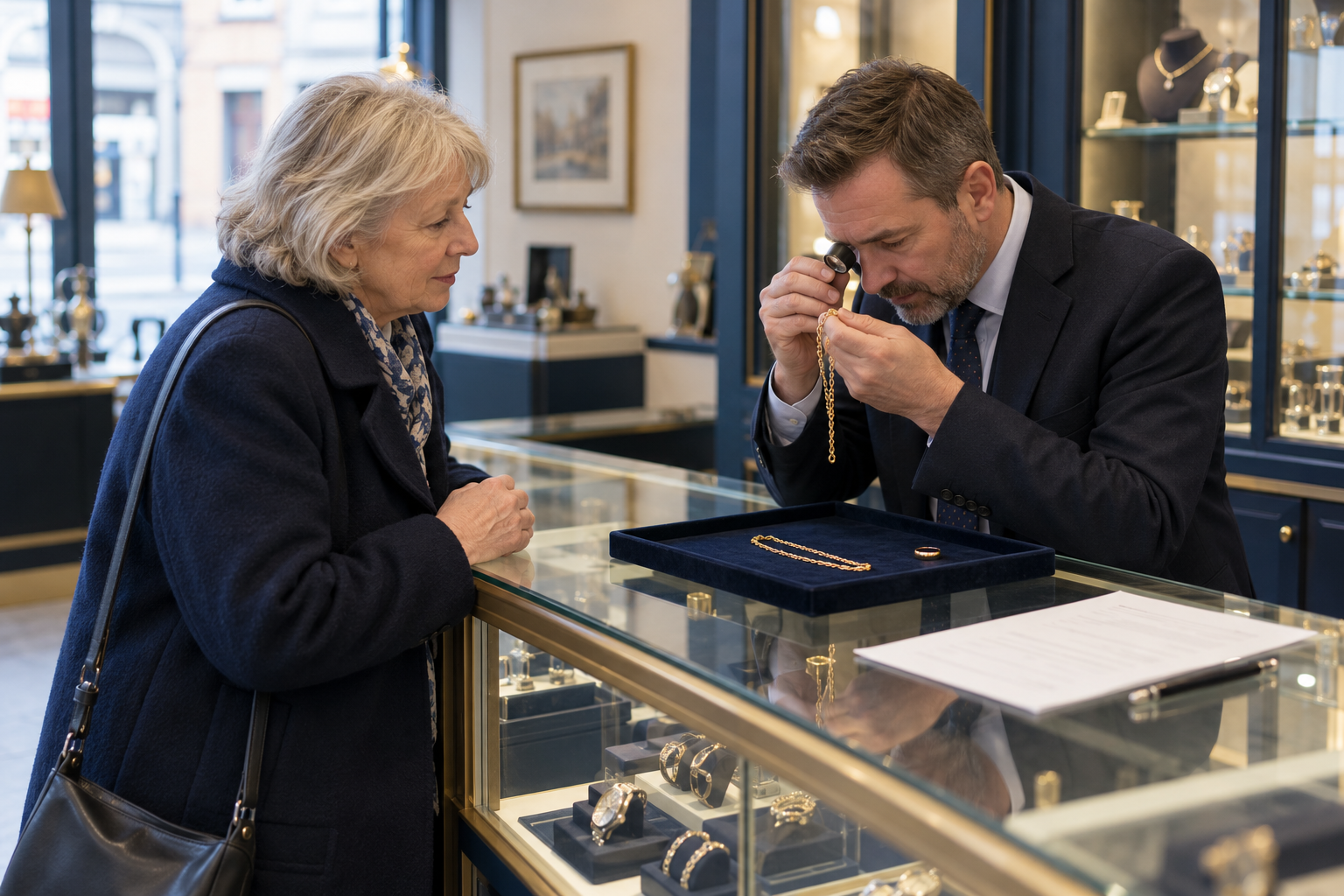 Illustrative scene of a customer discussing jewellery with a pawnbroker at a shop counter.