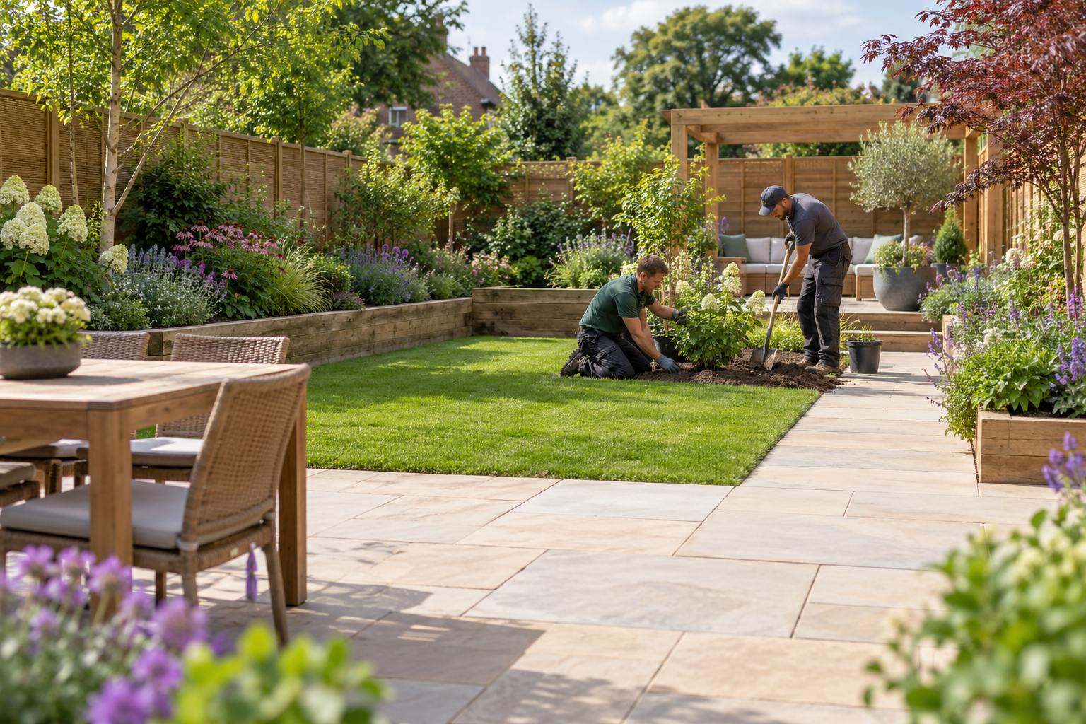 Two landscapers planting a shrub in a garden with a patio, lawn, raised flower beds and timber fencing.