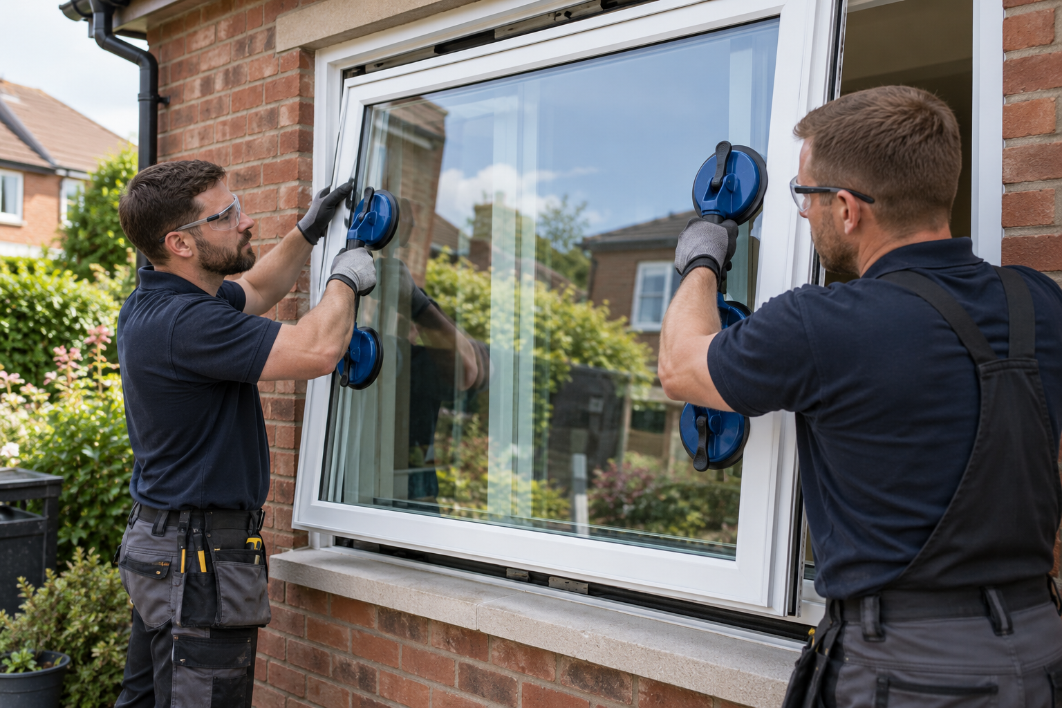 Two glaziers using suction handles to position a large replacement window