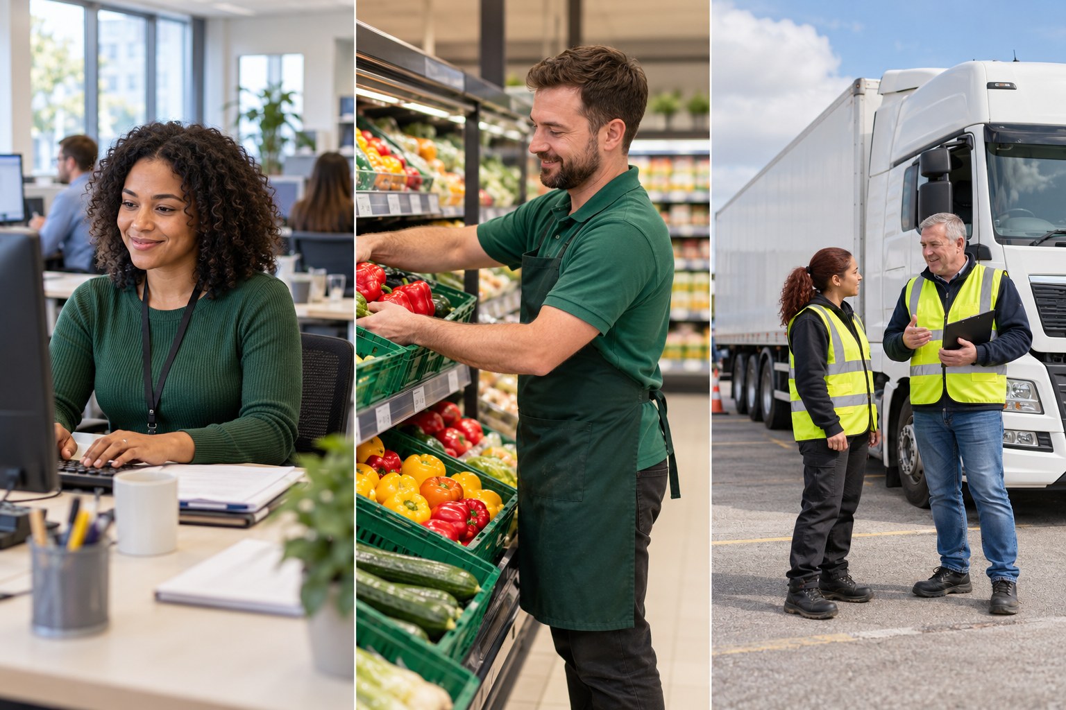 Generated illustrative scene showing office work, supermarket work and two logistics workers beside a lorry; not real employer staff or an official endorsement.