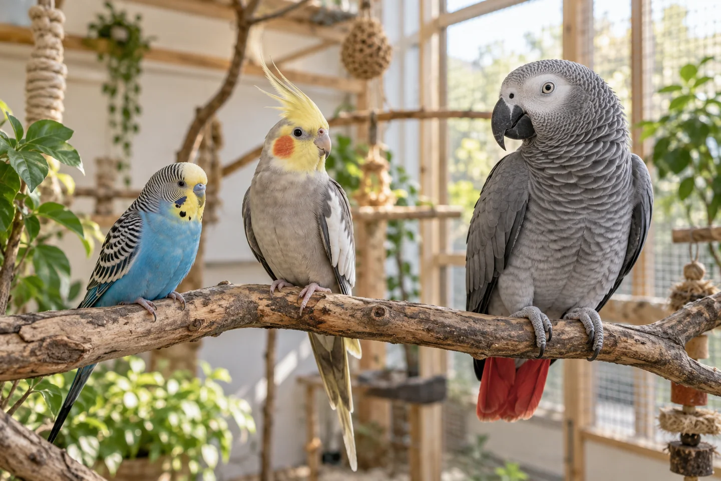 A budgerigar, cockatiel and African grey parrot perched together in a bright indoor aviary.