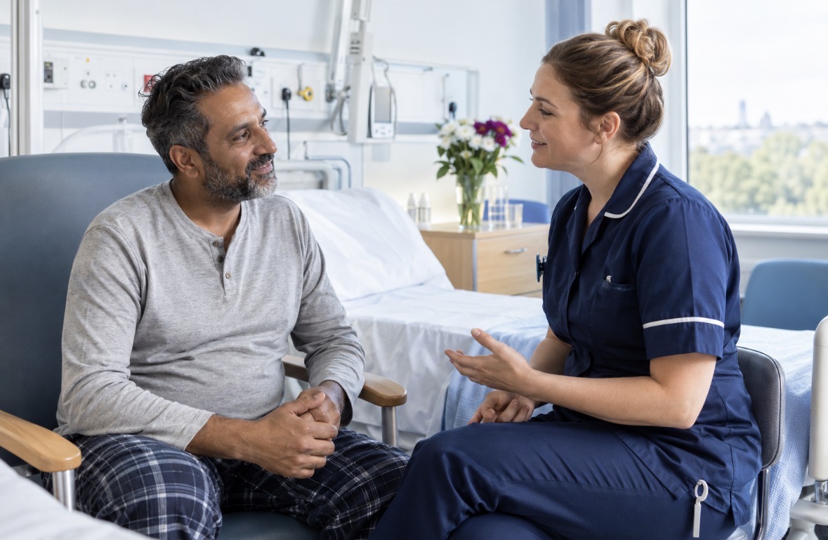 A hospital nurse and a male patient talking together on a hospital ward, with a bed and medical equipment in the background.