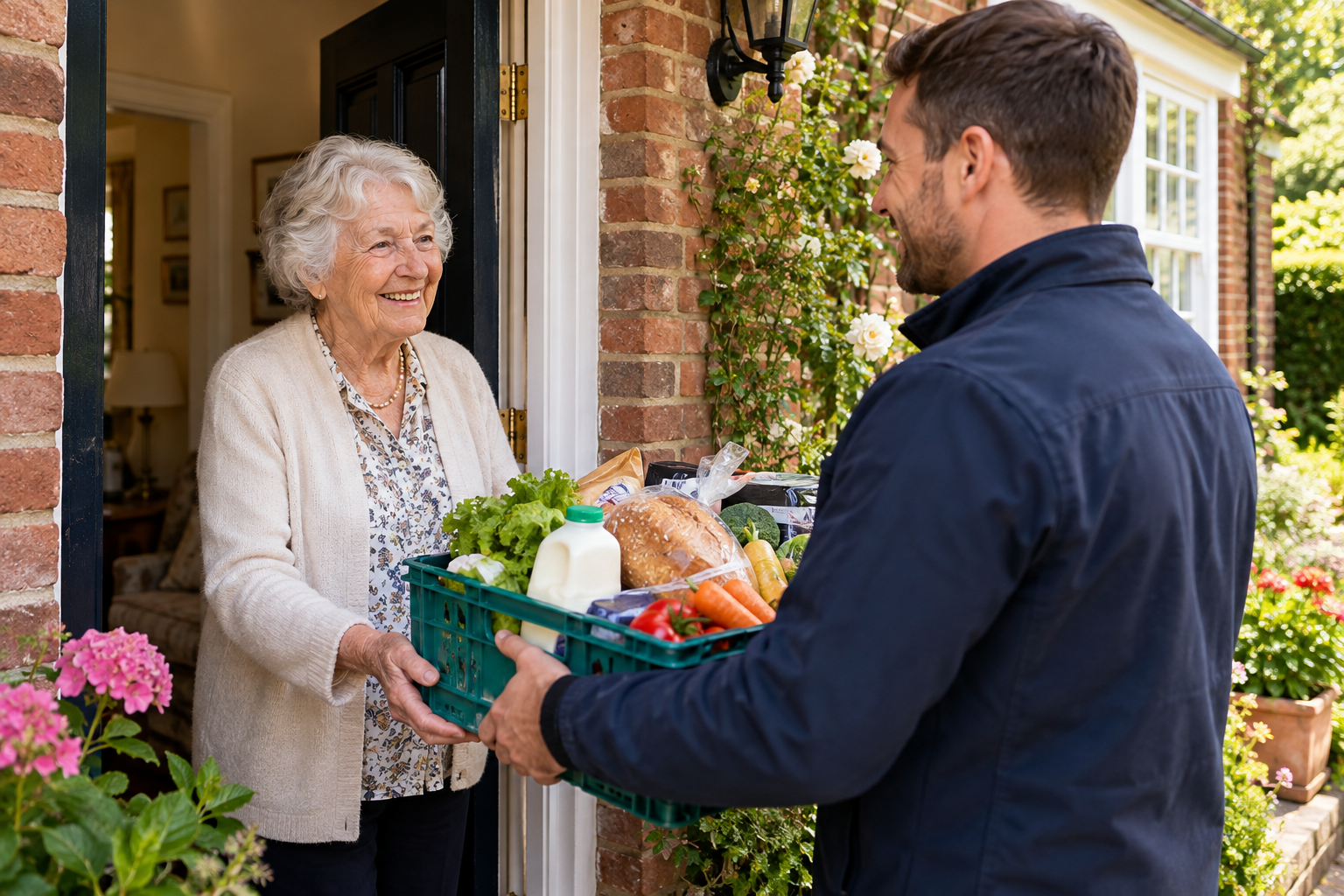 An older woman receiving groceries at her front door from a delivery worker