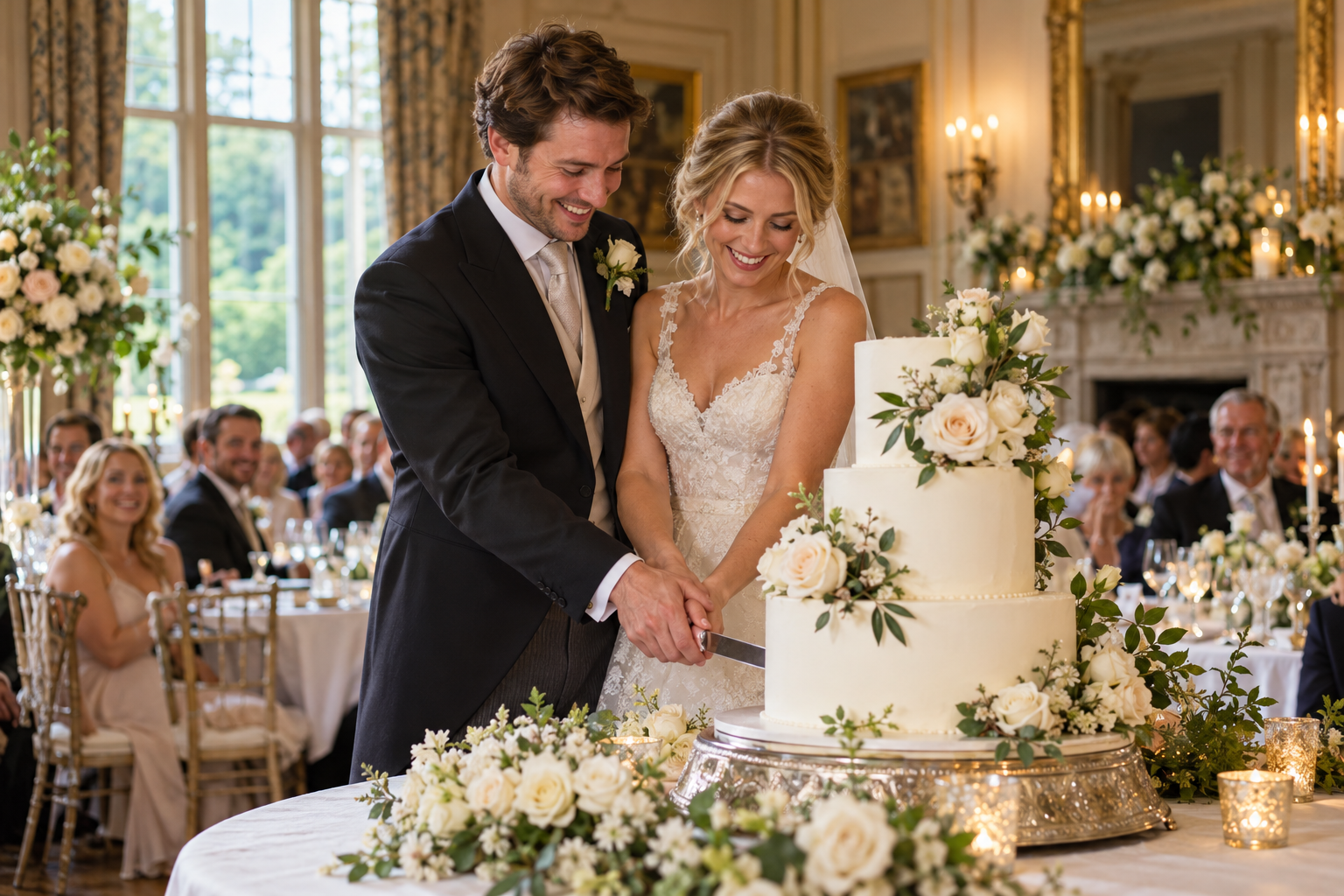 AI-generated illustrative scene of a couple cutting a flower-decorated wedding cake together, with guests seated at a reception; not a named venue or supplier.