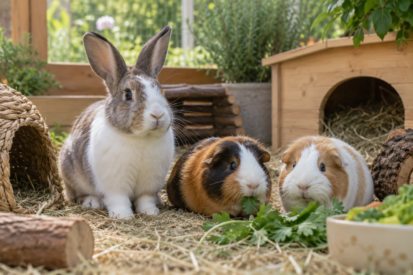 A rabbit and two guinea pigs together in a spacious hay-filled enclosure.