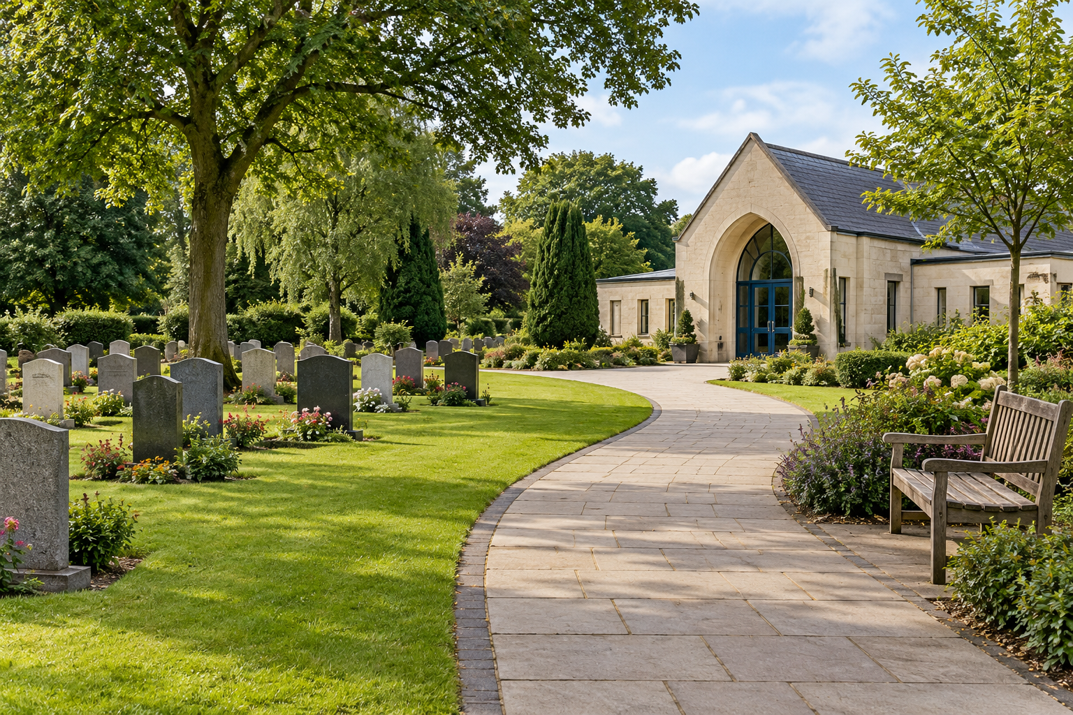 Illustrative peaceful cemetery and memorial garden with a crematorium chapel.