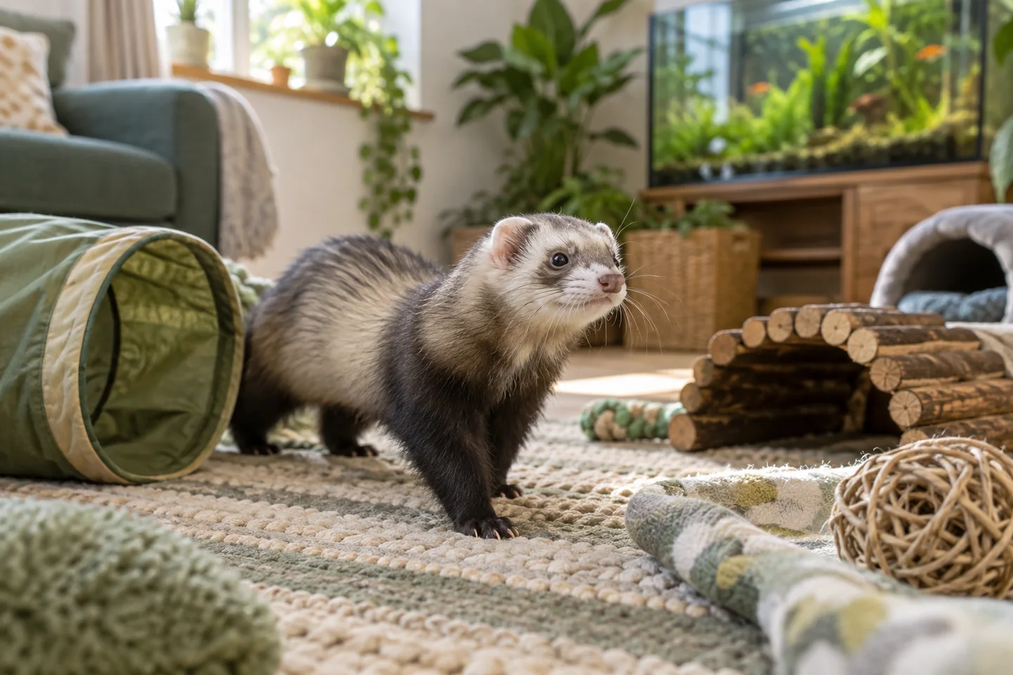 A ferret exploring an indoor enrichment area with tunnels, toys and climbing structures.