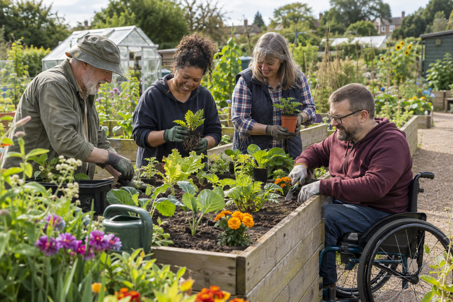 People of different ages and abilities gardening together at accessible raised beds in a UK community allotment.