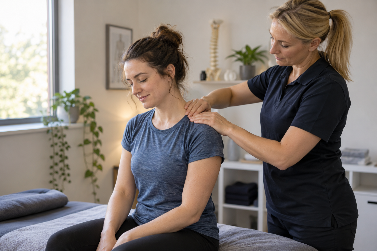 Illustrative scene of a massage session: a therapist working on a client's shoulders in a calm treatment room. Illustration only, not a photograph of an actual clinician.