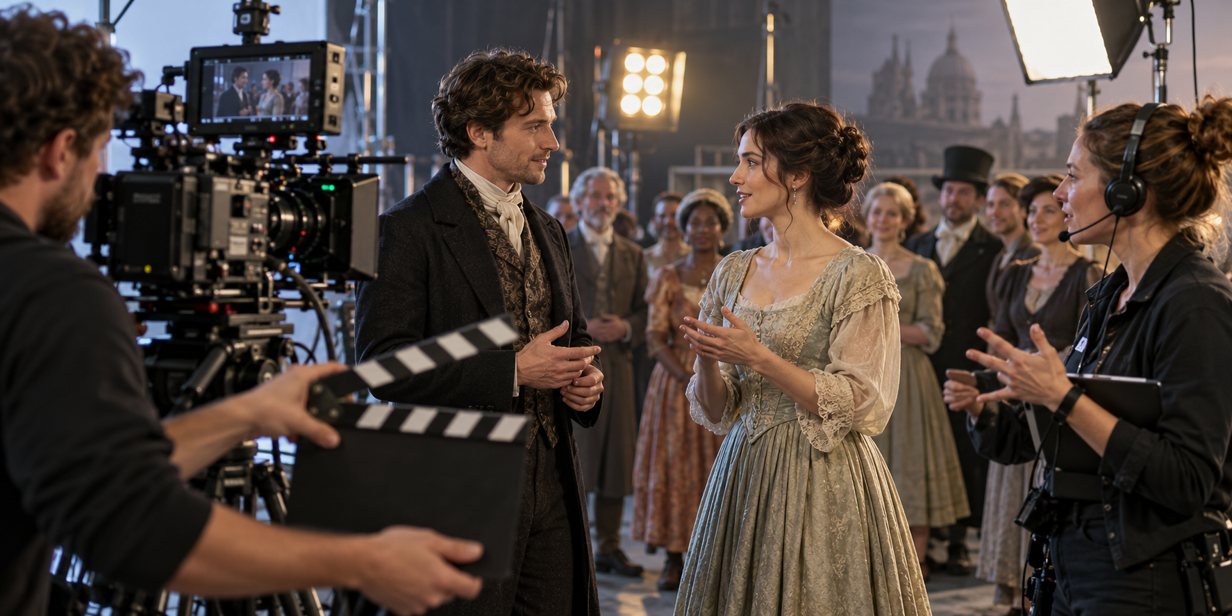 Generated illustrative film-set scene with two actors in period costume, supporting artists, a camera operator, a clapperboard and a crew member wearing a headset; not an actual agency production.