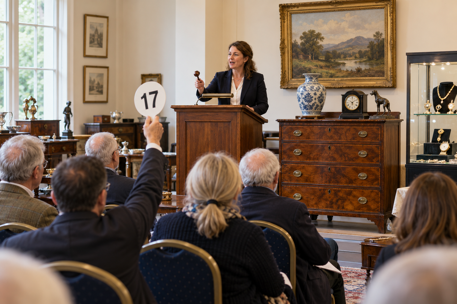 Illustrative auction room with an auctioneer, bidders, antiques, jewellery and artwork.